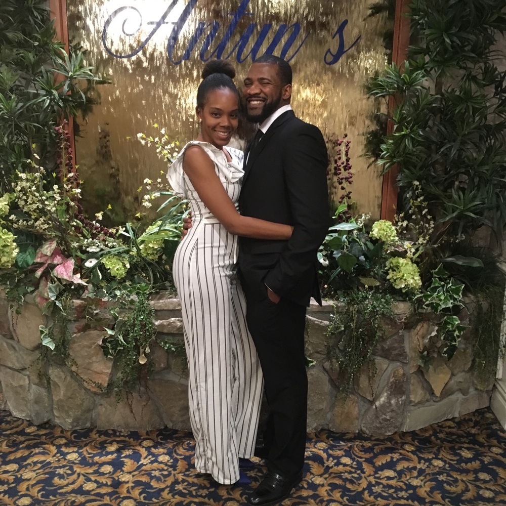 White with black pinstripes jumpsuit